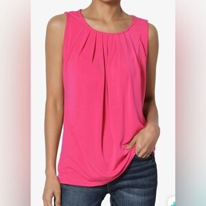 NEW -The Mogan Sleeveless Pleated O Crew Neck Tank Top Essential Stretch Blouse